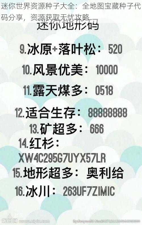迷你世界资源种子大全:全地图宝藏种子代码分享,资源获取无忧攻略