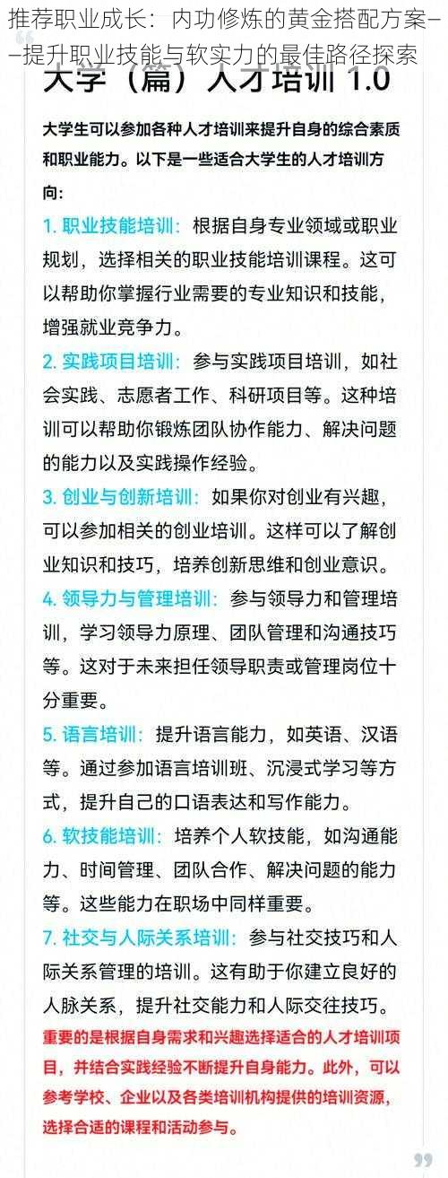 推荐职业成长：内功修炼的黄金搭配方案——提升职业技能与软实力的最佳路径探索